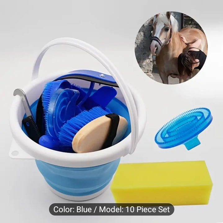 10pcs Horse Grooming Kit with Foldable Bucket.
