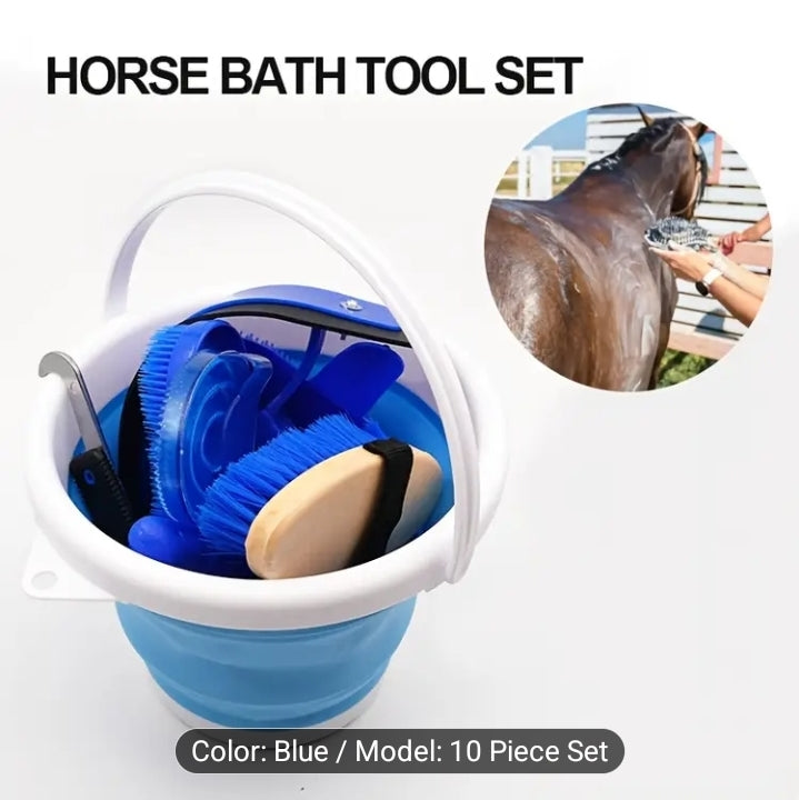 10pcs Horse Grooming Kit with Foldable Bucket.